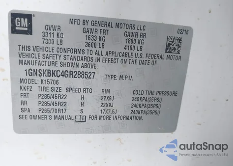 2016 Chevrolet Tahoe Lt z USA, uszkodzony, nr VIN 1GNSKBKC4GR288527